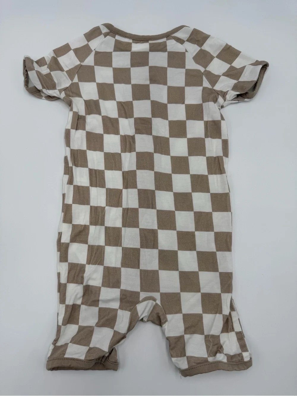 Bamboo Toddler Kids Short Sleeve Zip Romper in Beige Check 12-18 months